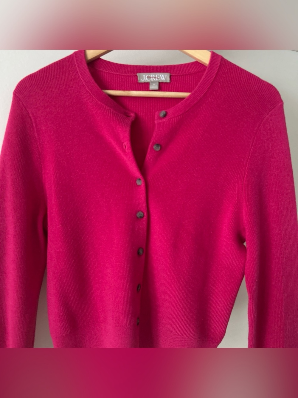 J. Crew Vintage Style Bright Strawberry Pink Button Front Crewneck Cardigan Sz M - Picture 2 of 16